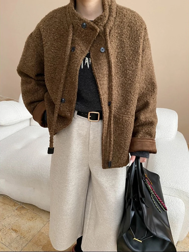 Fanan casacos de design de pele sintética com cordão para mulheres gola única breasted grosso jaquetas quentes femininas tops 2025 inverno novo