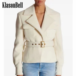 8.7 KlasonBell Women Elegant Turn-down Collar Lion Gold Button Wool Slim Coat Buckle Sashes Collect Waist Short Outerwear