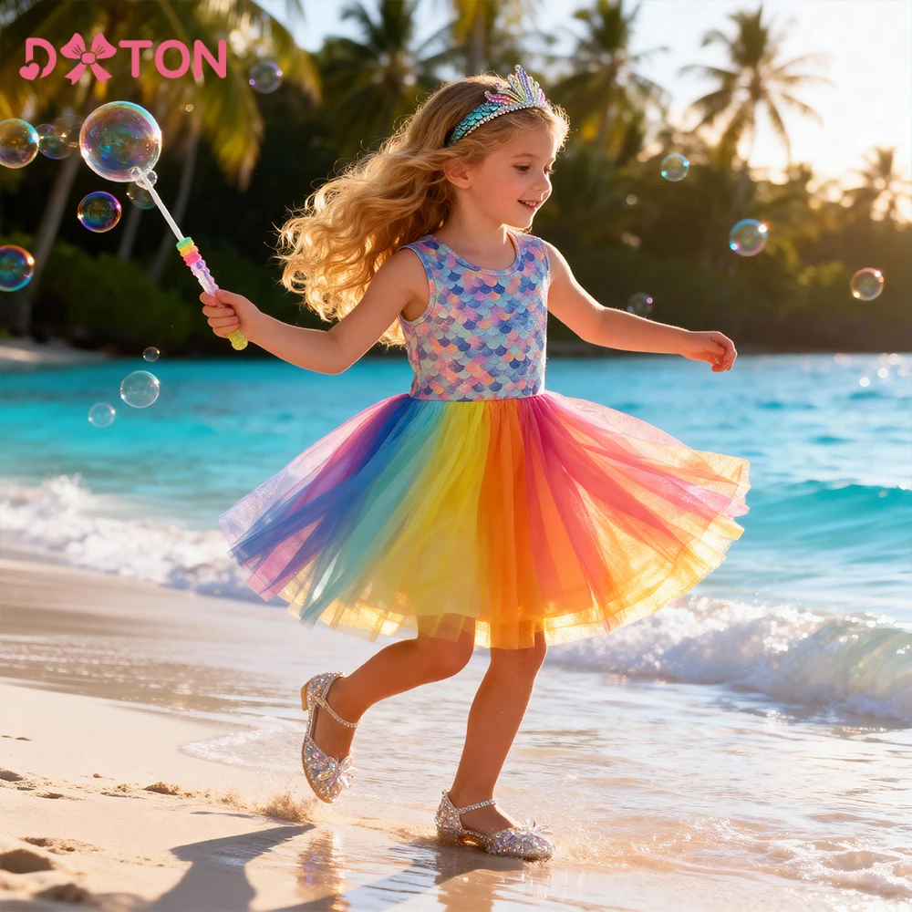 

DXTON Children Party Dress Mermaid Sleeveless Baby Girls Summer Dress Colorful Mesh Patchwork Kids Princess Prom Dress Clothing