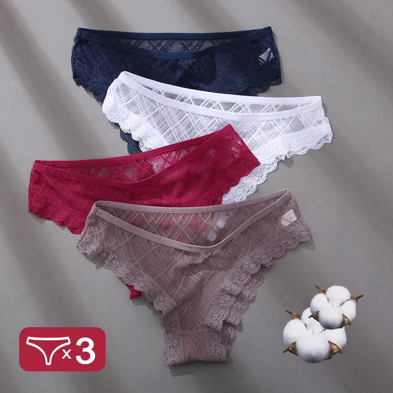 3PCS/Set Lace Panties Women's Perspective Sexy Underwear Female Floral Lace Briefs Transparent Lingerie Intimates Underpants 