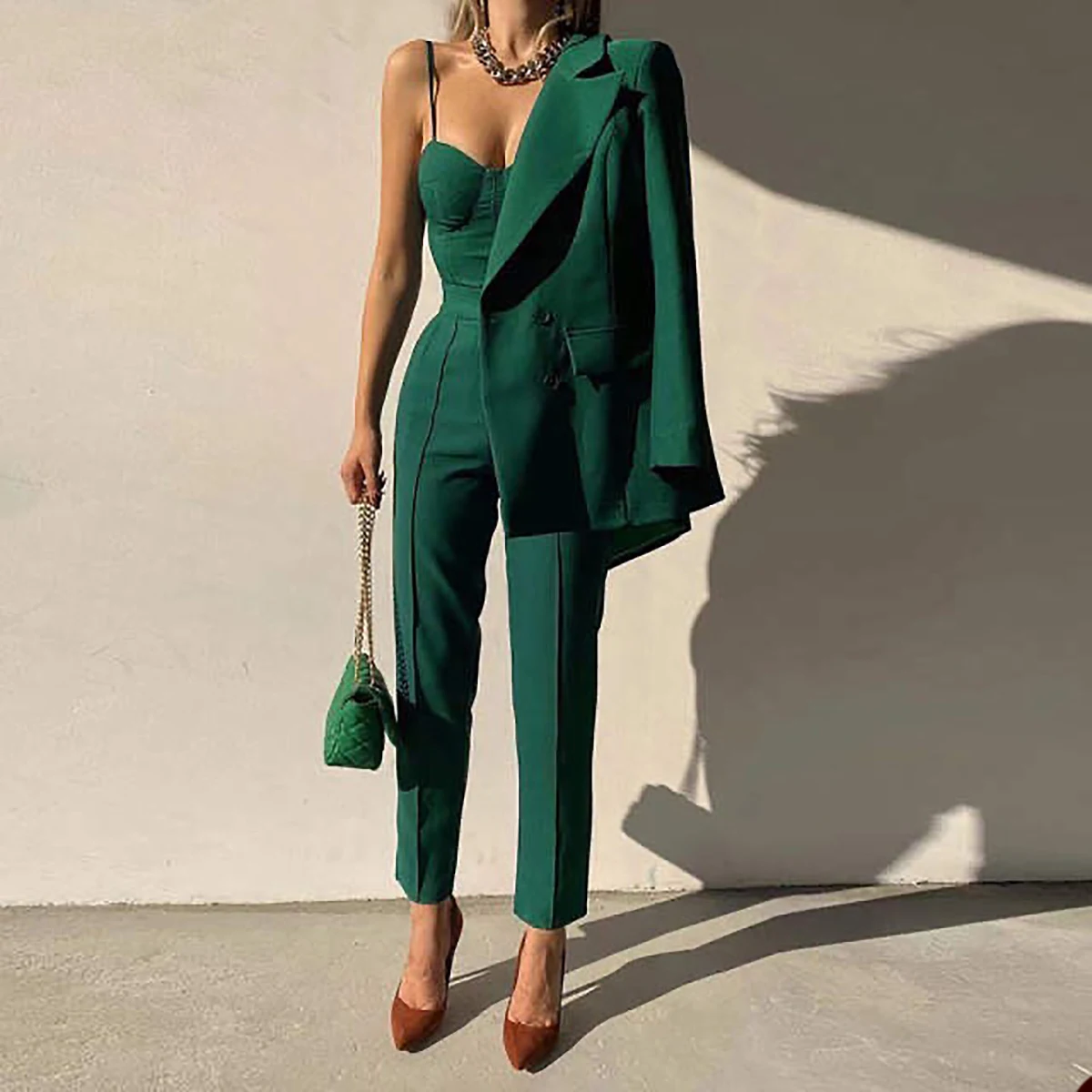 Luxury Women's Suit Long Sleeves Lady Set Evening Party Slim Fit Solid Color Business Gown 3 Pcs Jacket Pants Halter Tops