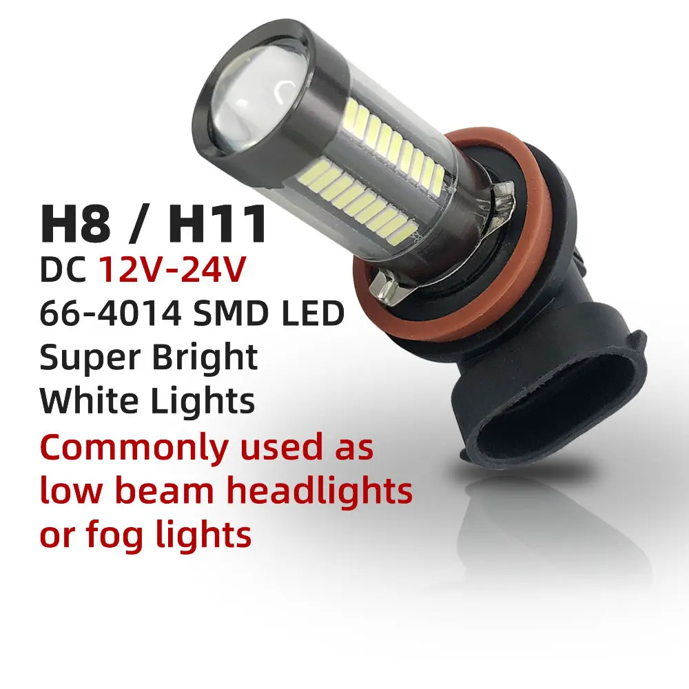 2PCS H8 H11 12V 24V 66-4014 SMD LED Car Fog Driving Gaytime Running Lights Bulb White with Top Condenser Lens