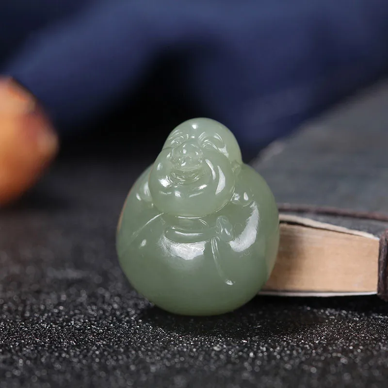 

Fine Jewelry Natural Hetian Nephrite Jade Qinghai Lianghu Lake Green Handmade Carving Laughing Buddha Pendant for Men and Women