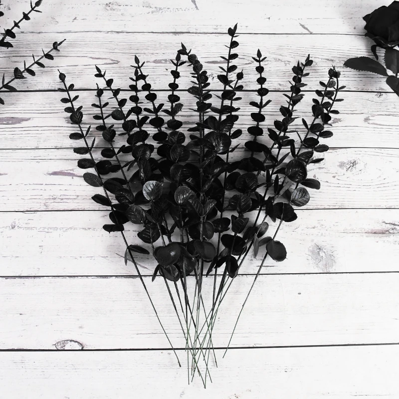 10/20pcs Halloween schwarz künstlichen Eukalyptus Zweig Stängel Faux echte Berührung Blumen Blätter Pflanze Hochzeits feier Home Dekoration