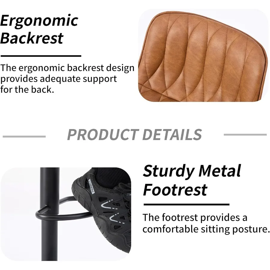 Set Kursi Bar Putar 3 Buah Warna Cokelat, Kursi Bar Tinggi Model Counter dengan Sandaran, Kursi Bar yang Dapat Disesuaikan 2533, Kursi Bar Modern Berbahan Kulit Imitasi