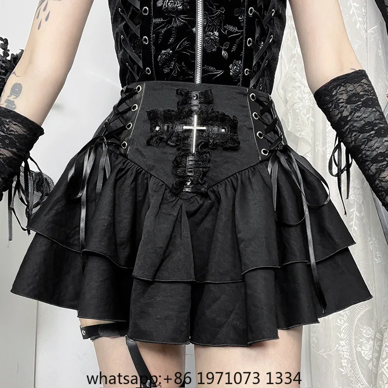 Goth Dark Punk Cross Patchwork Pleated Skirts Mall Gothic Techwear Bottoms Grunge Aesthetic Women Bandage Mini Skirt Alt Clothes