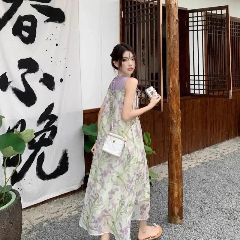 긴 꽃 보라색 꽃 쉬폰 새틴 실크 민소매 여성 드레스 Sundress 드레스 여성용 맥시 슬립 한국 스타일 미적