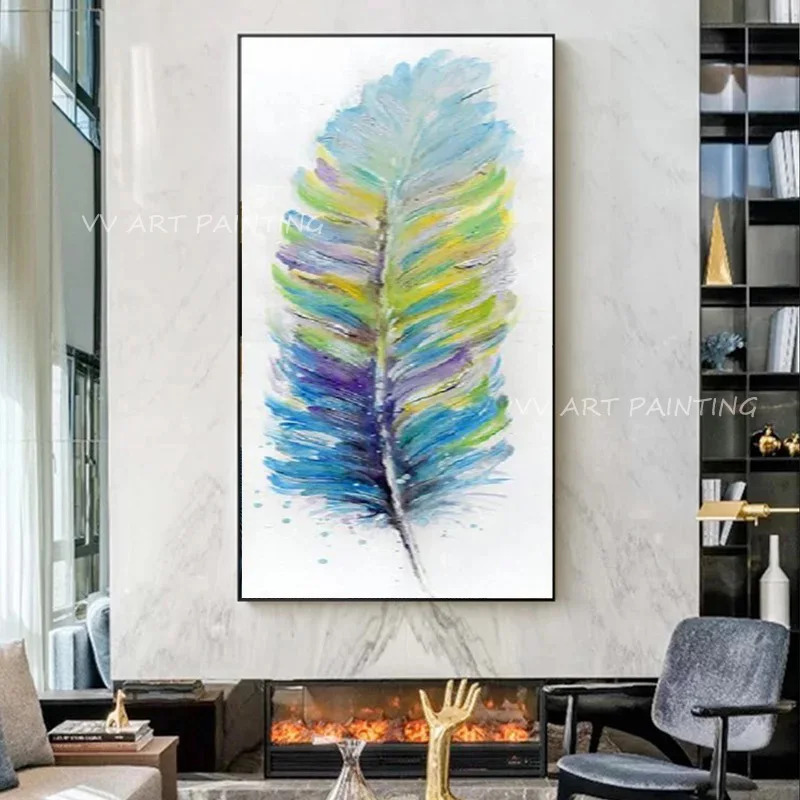 Multicolor Watercolor Feather Artwork 100% Hand Painted Oil Painting, Thick Texture White Background Canvas Wall Decor Picture