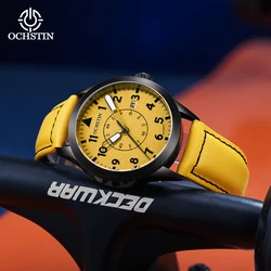 OCHSTIN-Relógio masculino clássico com pulseira de couro, relógio mecânico masculino, calendário, luxo e moda, marca superior, novo, amarelo