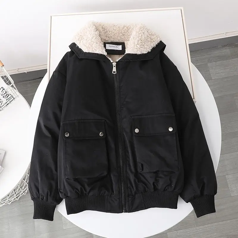 Winter Thicken Warm Parkas Women Lining Fleece Loose Casual Multi Pocket Turn-down Collar Lamb Wool Korean Thick Padded Jacket