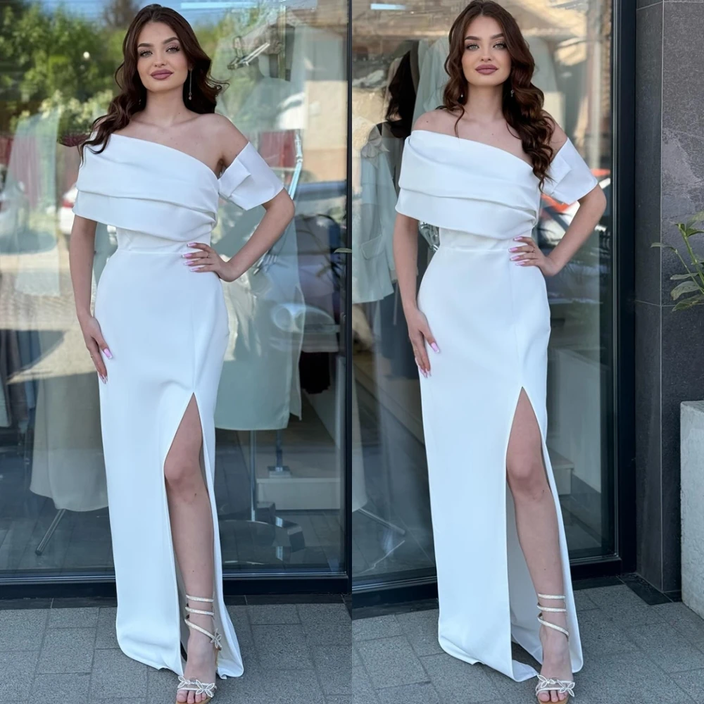 

Customized Elegant Satin Boat Neck Evening Dress Classic Short Sleeves Prom Dress Formal Off the Shoulder Special Occasion Gowns