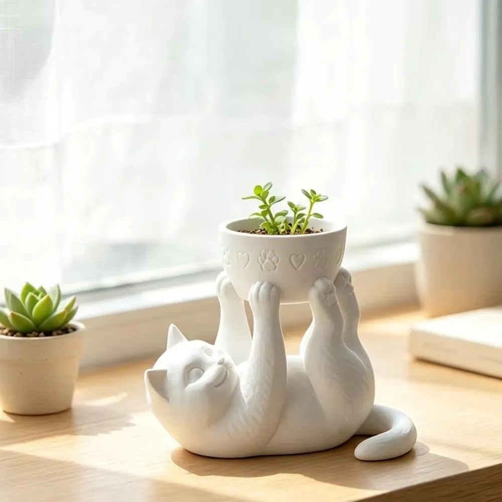 Aesthetic 3D Printed Reclining Cat Planter Plastic Irregular Shape Cat Plant Pot Lightweight Creative Kitten Planter Office