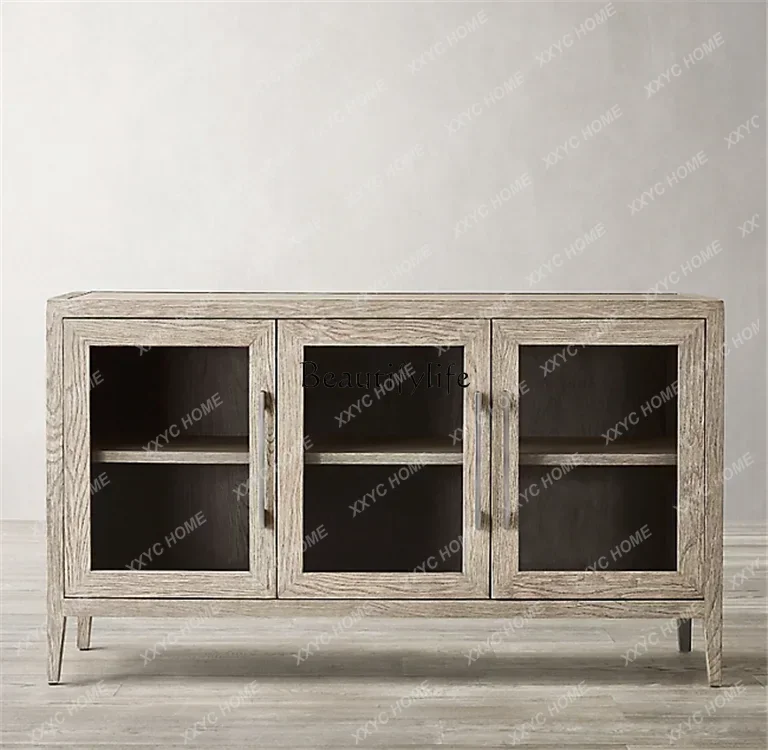 country glass four-door solid wood TV cabinet living room audio-visual decoration cabinet