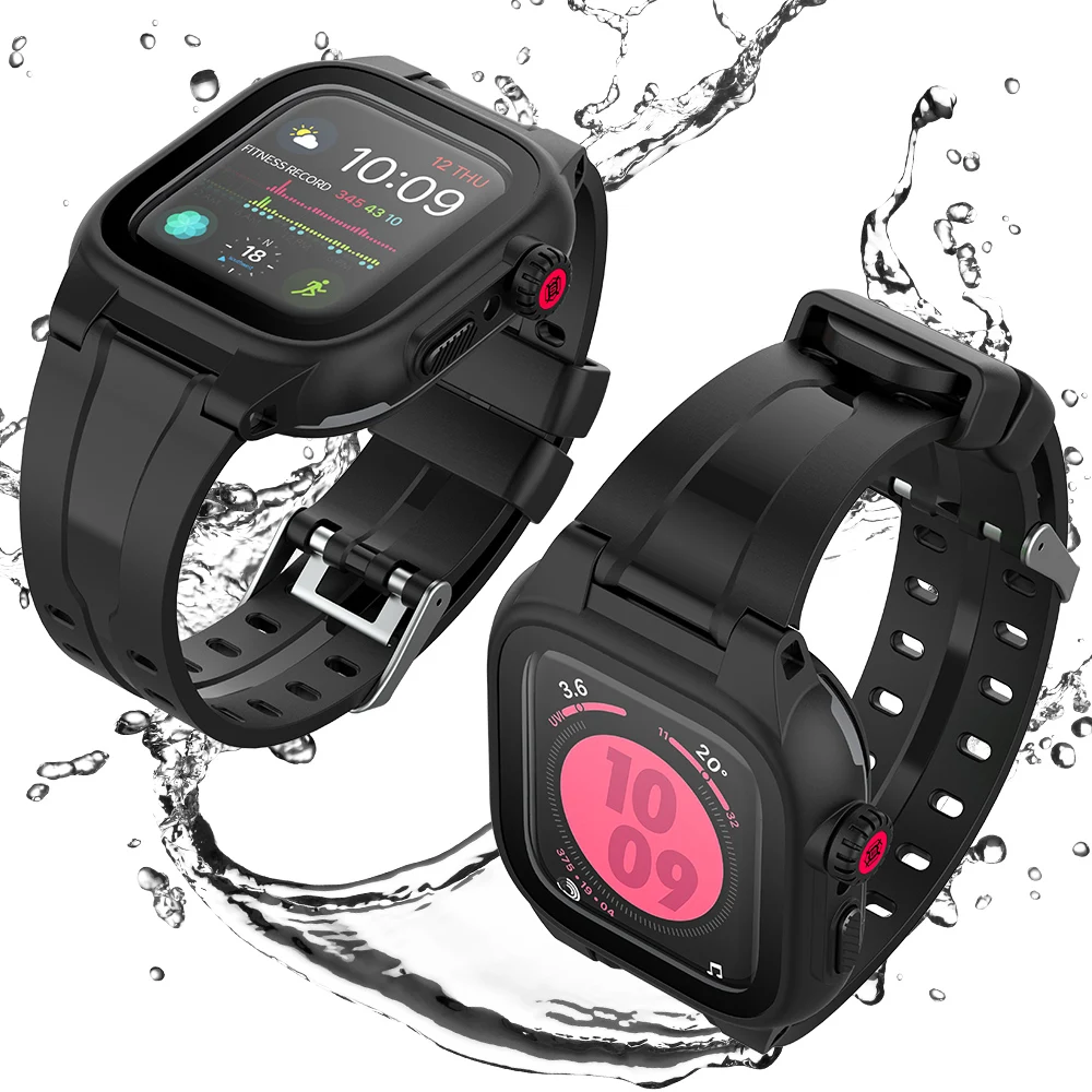 

New Soft Silicone Strap IP68 Waterproof Watch Case For Apple Watch 9 8 7 6 5 4 SE 45mm 44mm 41mm 42mm Outdoor sports Accessories