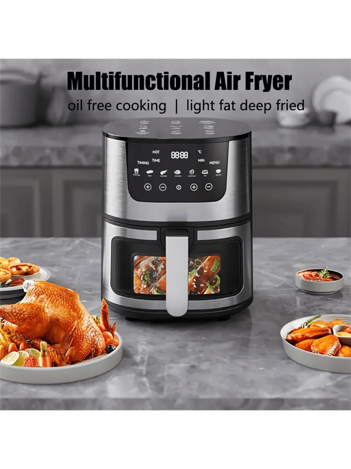 

Аэрофритюрница 4,5 л, электрический нагрев, приготовление без масла, сенсорное управление, антипригарная корзина, смотровое окно, семейный комплект.