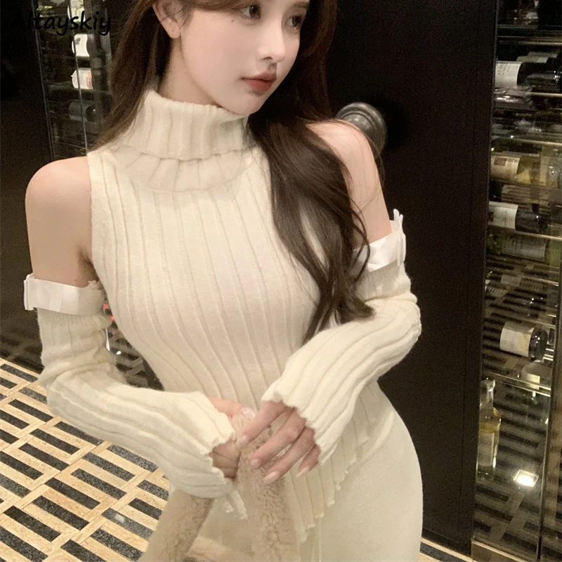 

Pullovers Women Skinny Turtleneck Designed Slouchy Oversleeve Y2k Sweater Korean Fashion Sexy All-match Sweater Tender Mujer