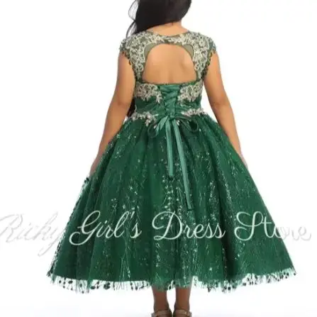 Customized Sequin Green Flower Girl Dress For Wedding Floor Length Applique Tulle Ball Gown Kids Birthday First Communion