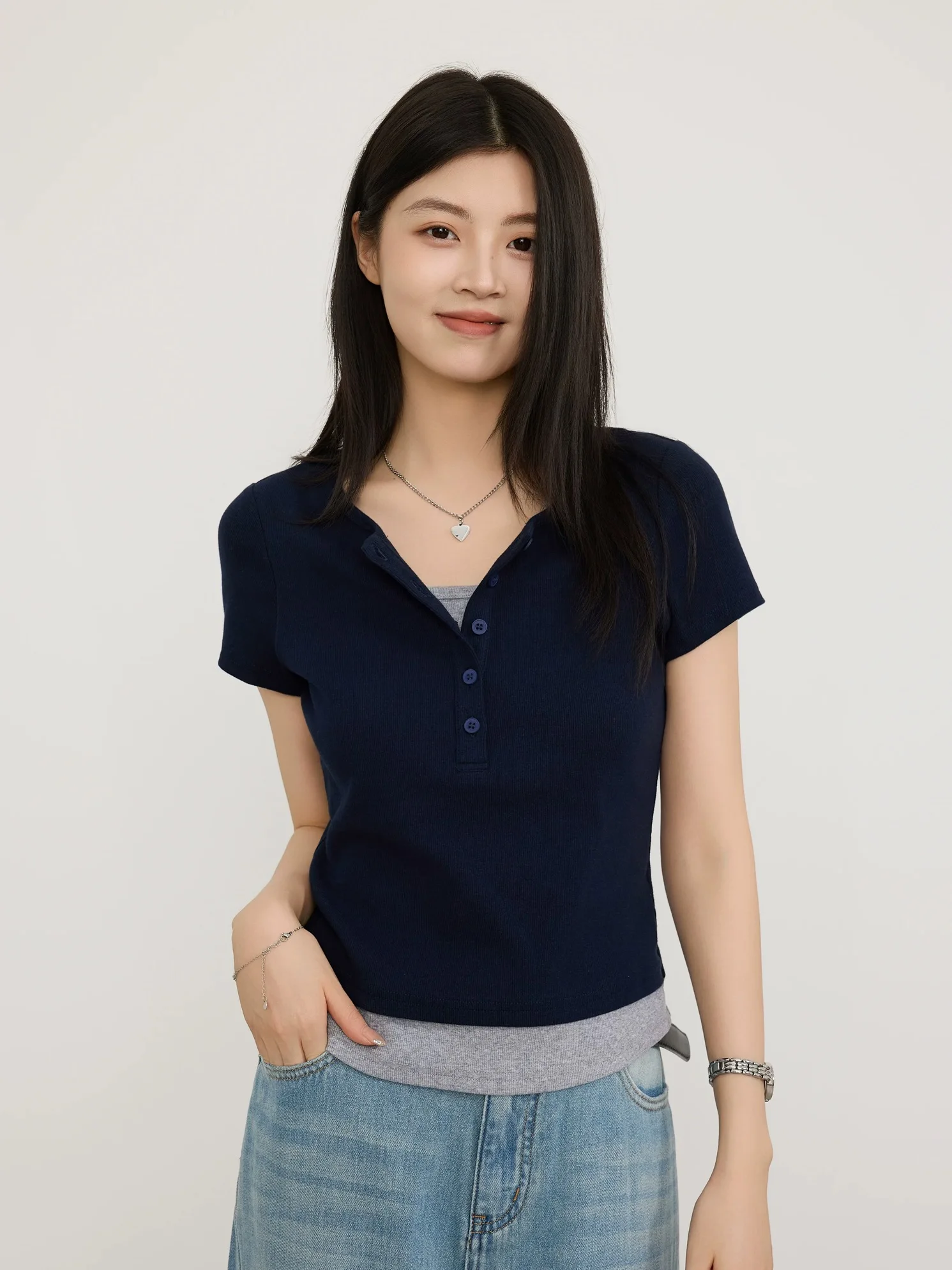 Summer New Style Women's Short Sleeve T-shirt 95 Cotton Henry Collar Big Size Fat MM All Match Shoulder Top Casual Wear