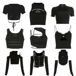 Sexy Black Lace Patchwork Strap Top E-girl Slim Fit Crop Camis Backless Top Y2K Fashion Women Summer Emo Clothe Tank Top Alt Top