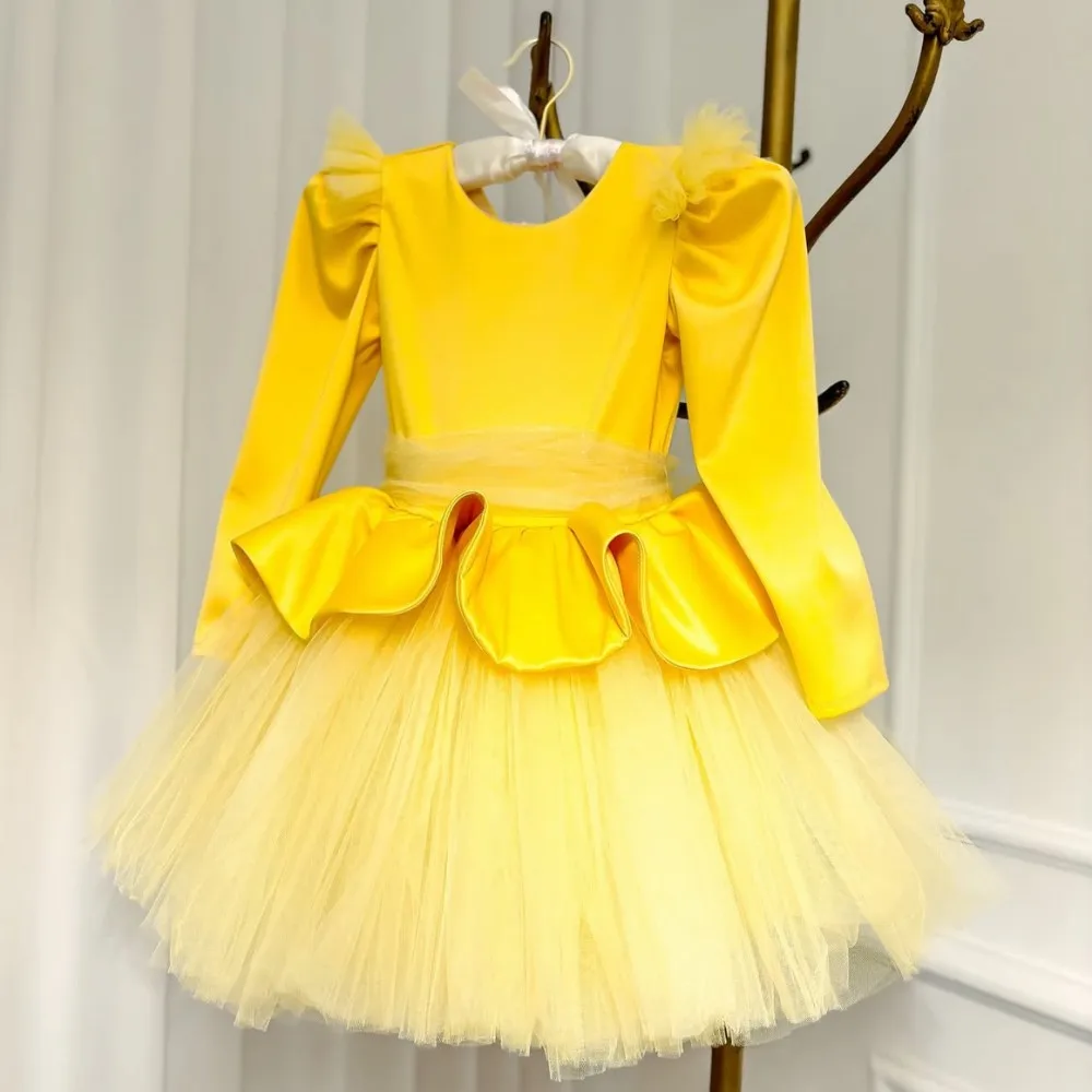 

Kids Flower Girls Dresses O neck With Long Sleeves Tutu Tulle Knee Length Little Kids Birthday Dress For Photoshoots