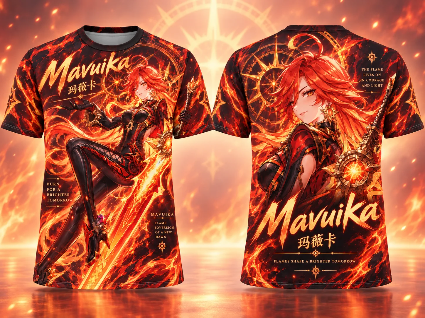 Image of 2026 Genshin Impact Mavuika Grafik-T-Shirt, Flammenkönigin All-Over-Print Kurzarm, Anime Unisex-T-Shirt für Männer und Frauen