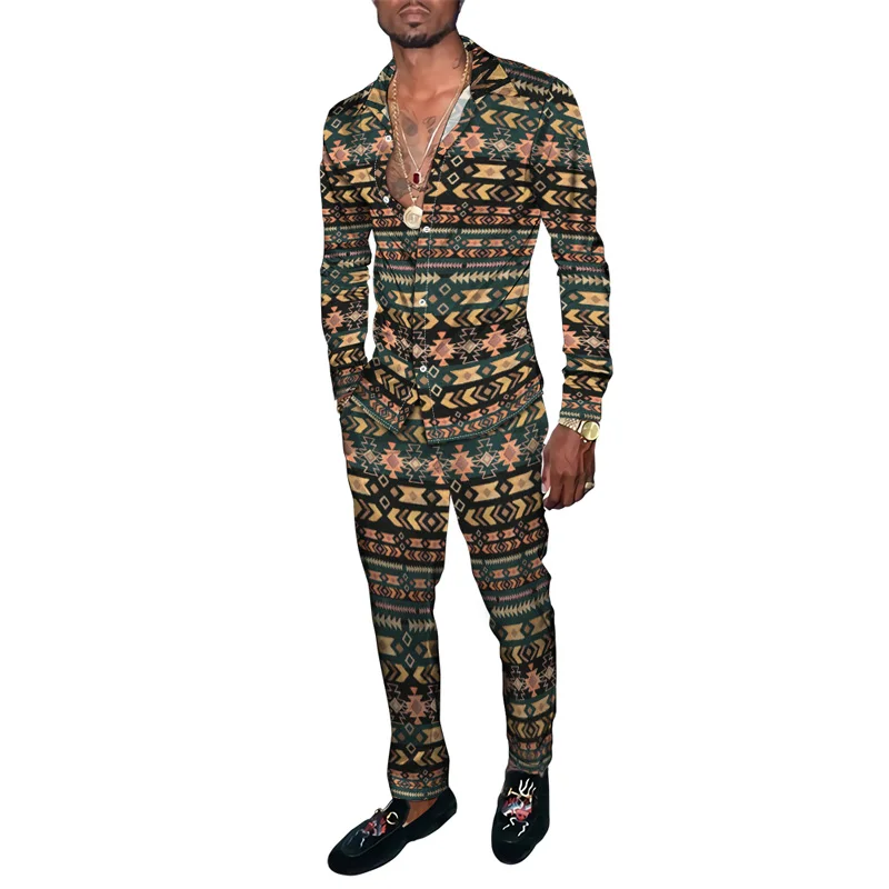 Men Travel Casual Retro Ethnic Floral Totem 3D Print Tracksuit Male Long Sleeves Lapel Button Cardigan Shirt Pants 2 Piece Sets