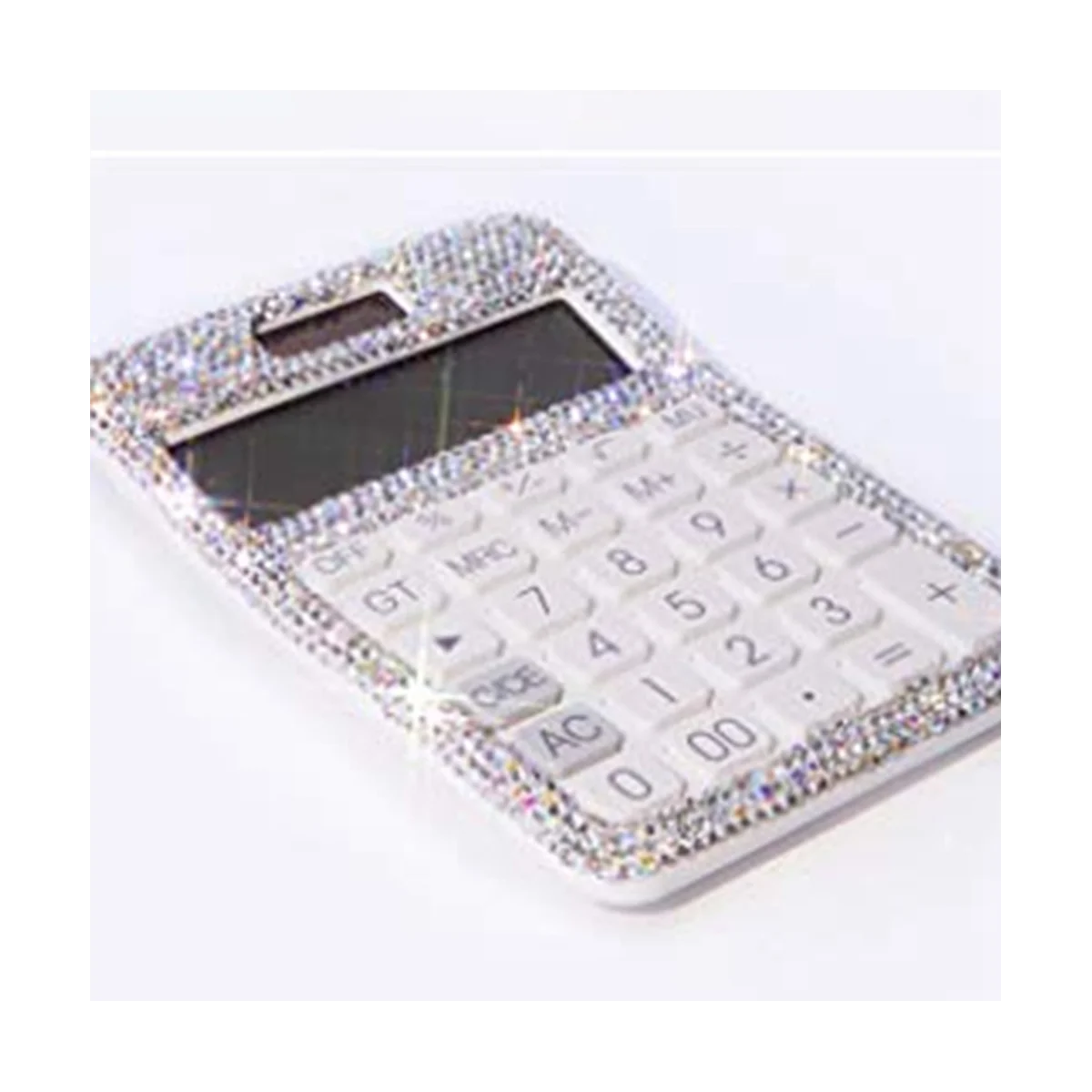 Rhinestone Crystal Dazzling 12 Digit Solar and Battery Dual Power ,LCD Display Calculator for Office, School White