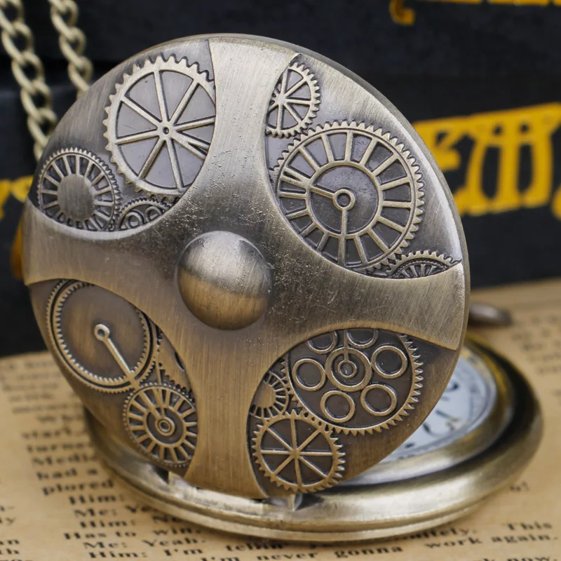 Montre de poche à Quartz pour hommes, design d'engrenage en Bronze, unisexe, mode arabe numérique, collier pendentif, montre cadeau