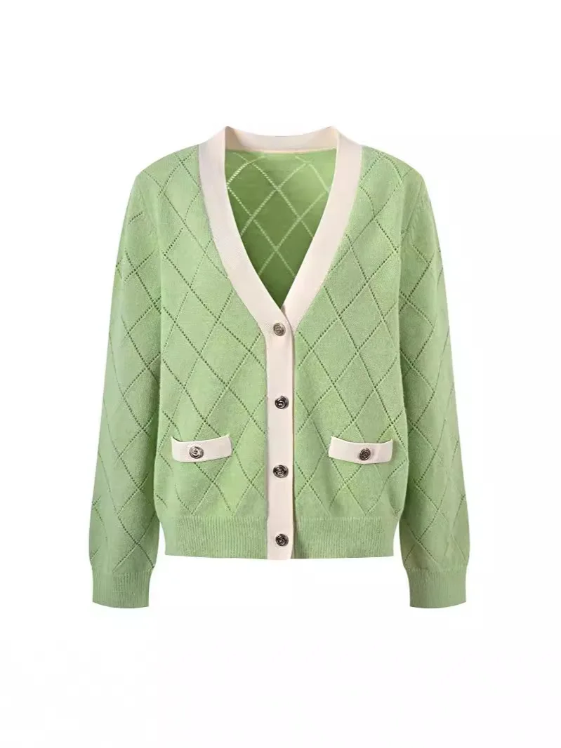

Women's Color Patchwork Hollow Out Argyle Sweater Long Sleeve Female Single Breasted V-Neck Knit Cardigan