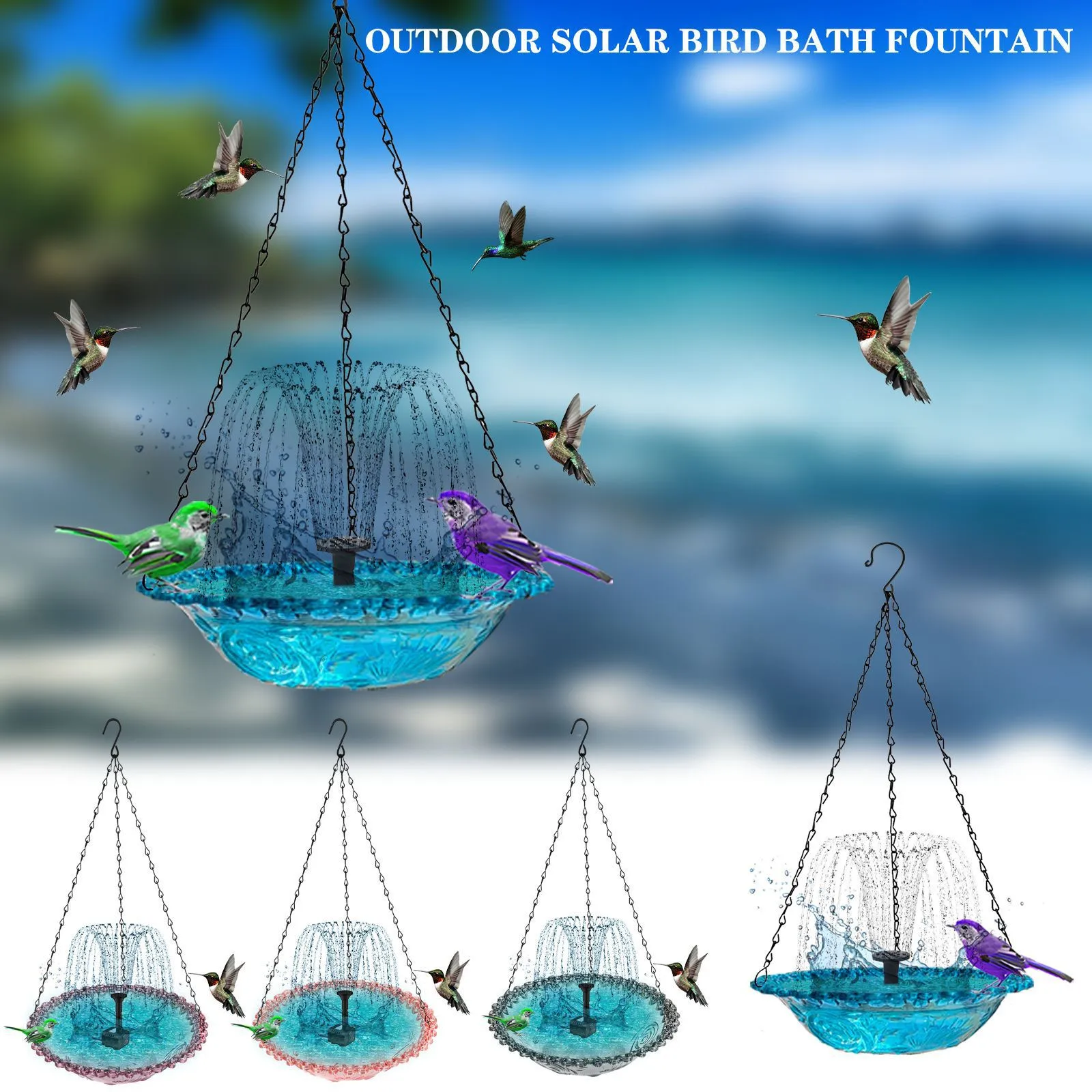 

New Household Outdoor Terraces Bird Bath Feeder, Solar Bird Bath Feeder, Outdoor Garden Floating Hanging Hummingbird Feeder