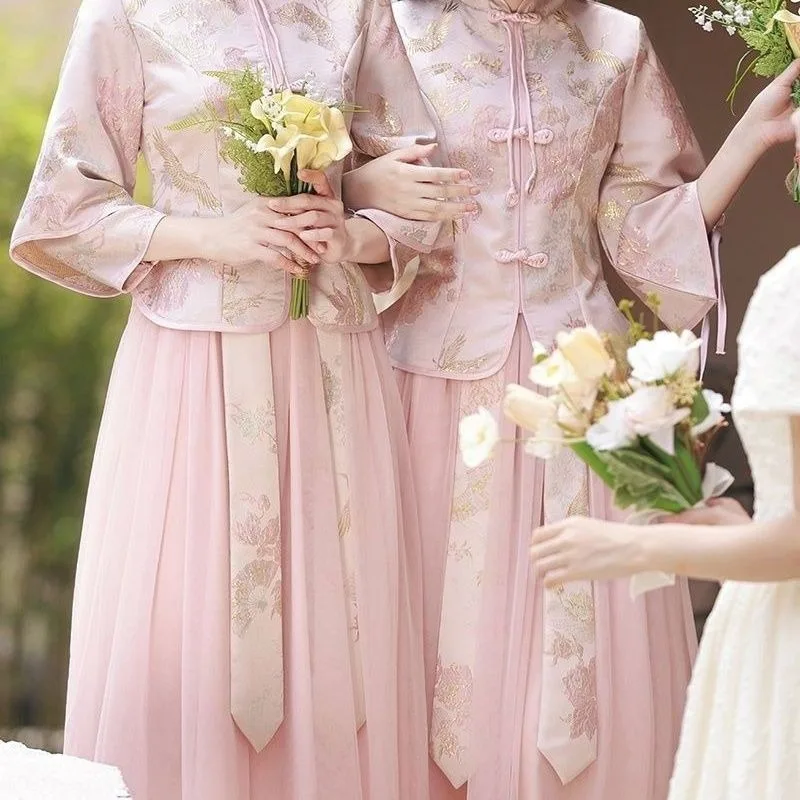 Bridesmaid Clothes Chinese Style 2025 Autumn Winter Women New National Style Dress Small Cheongsam Sister Group Bridesmaid Skirt