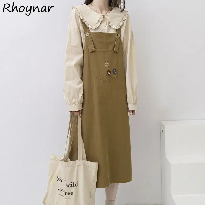 Vintage Midi Dress Women Baggy Sleeveless Clothing Temper Aesthetics Preppy Korean Fashion Front Pockets Vestidos Girlish Chic