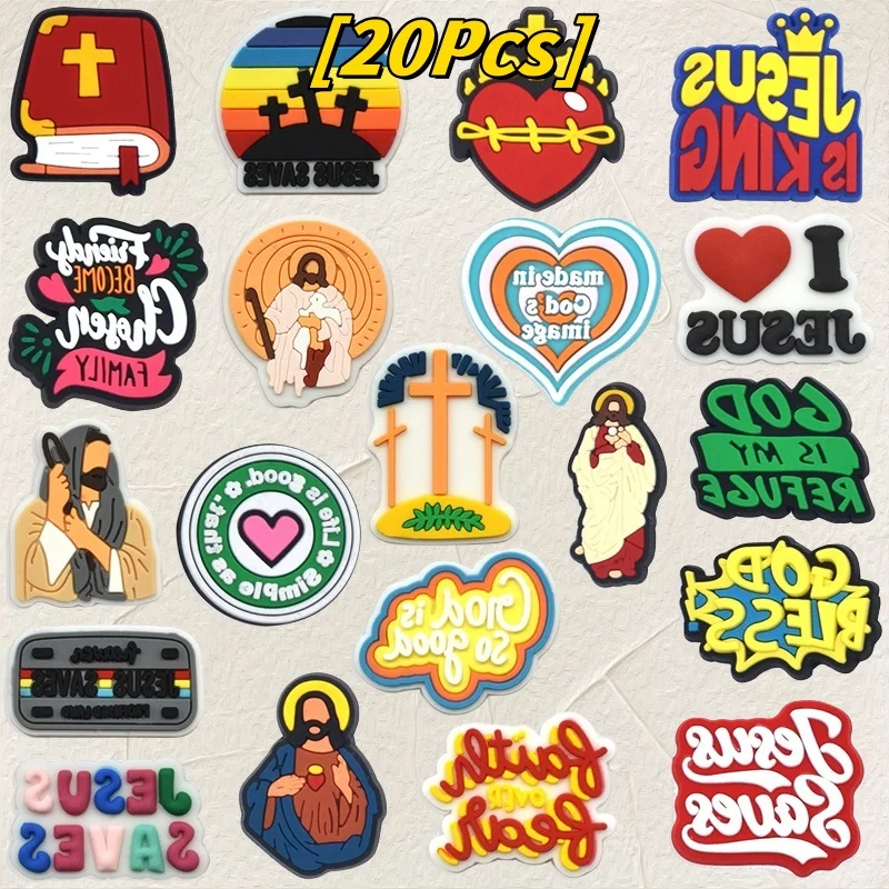 9/20PcsSet Cartoon Jesus Shoe Charm PVC God Is My Refuge Fashion Accessories DIY Button Belief Hole Slipper Wristband Decor