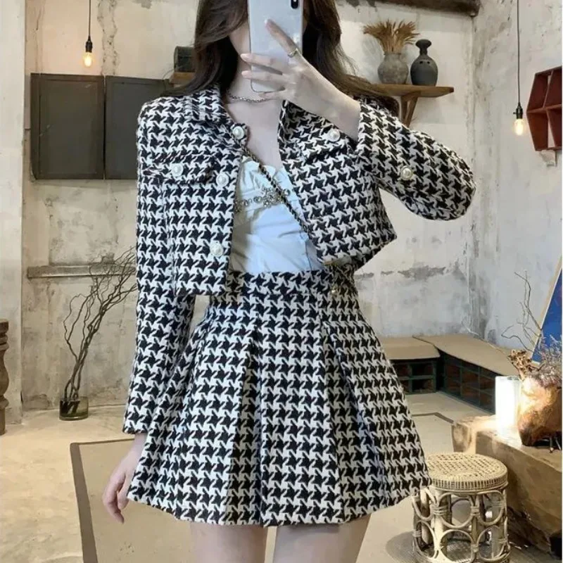 Hong kong estilo retro chique nova jaqueta saia plissada outono wear completo vestido curto conjunto moda feminina ternos de duas peças meninas
