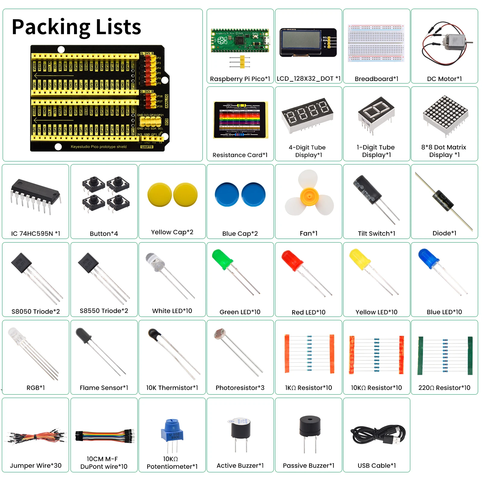 Kidbits Basic Raspberry Pi Pico Learning Starter Kit+63 Projects Compatible Lego For Arduino C & Python Tutorial Programming