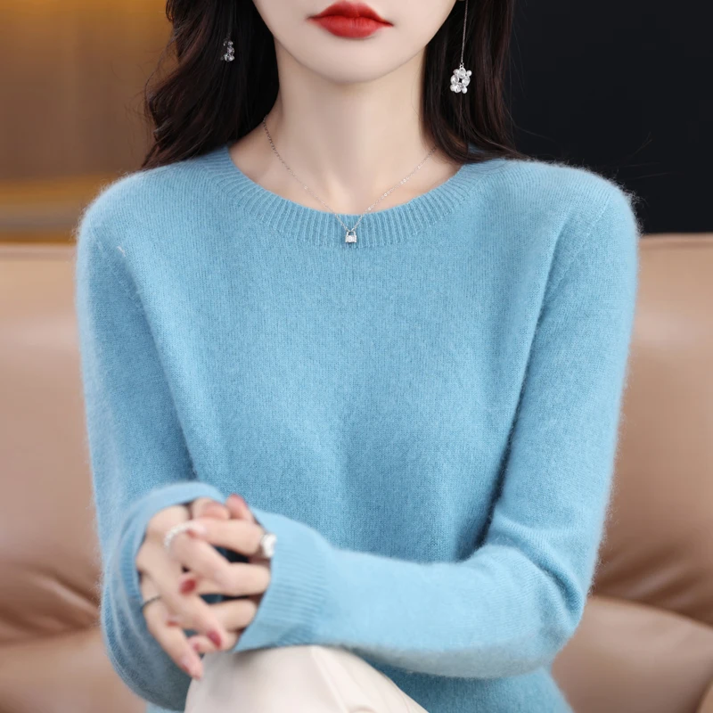 100% Pure Wool Women's Sweater O-Neck Knitted Pullover Cashmere Long Sleeve Underlay Korean Fit Fashion Women's Top