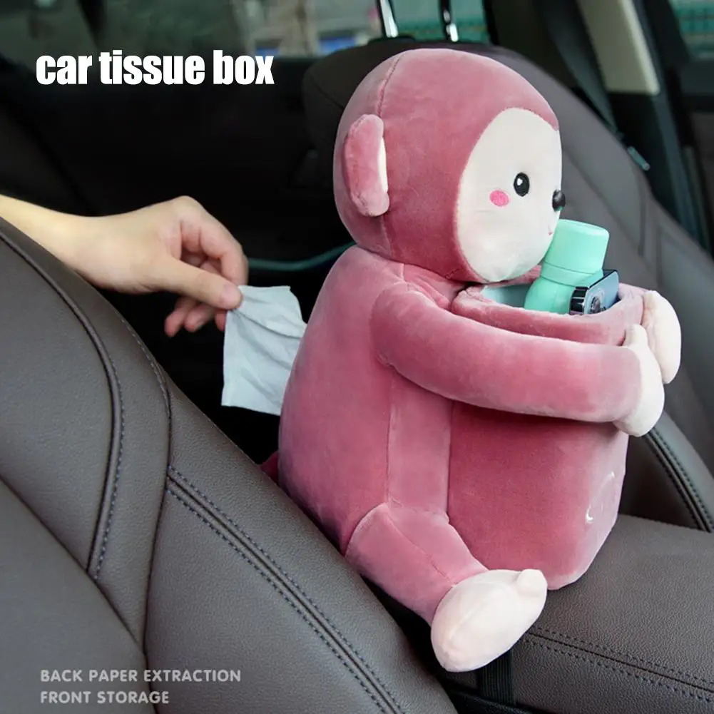 2 In1 The New Cute Cartoon Car Tissue Box Creative Cartoon Monkey Rabbit Plush Tissue Box Car Paper Napkin Tissue Box