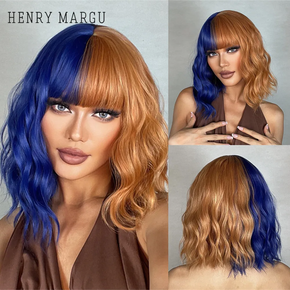 HENRY MARGU Half Blue Half Orange Curly Wigs Short Wavy Synthetic Wigs with Bangs for Women Cosplay Halloween Party Fake Hair