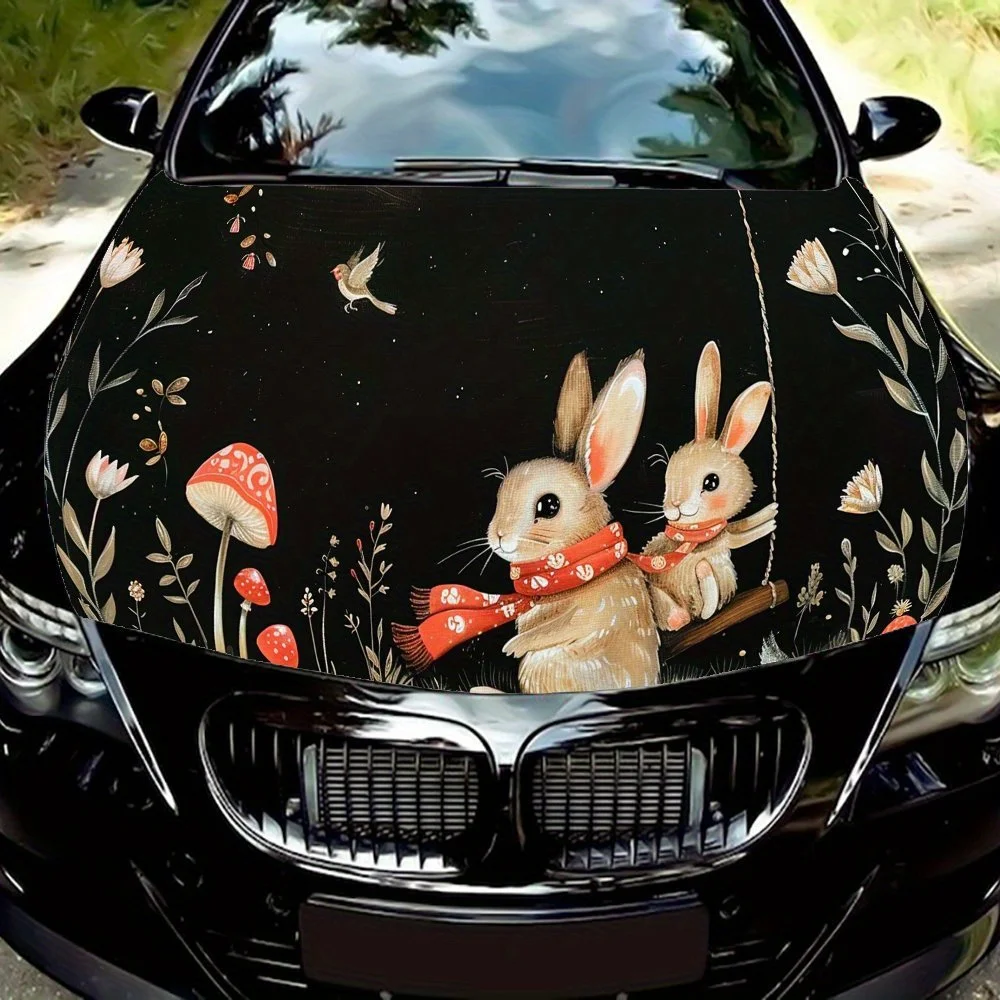 Red Scarf Rabbit Print car hood stickers, waterproof self-adhesive, scratch resistant, easy to stick, durable car PVC stickers,