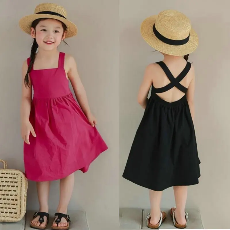 

Girls Dress Backless Cross Sweet Dress Princess Dress 2024 Summer New Solid Color Design Sense Clothes