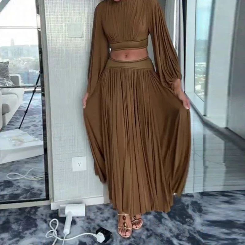 

2025 New Women's Pleated Long Sleeved Exposed Waist Loose Casual Long Skirt Set