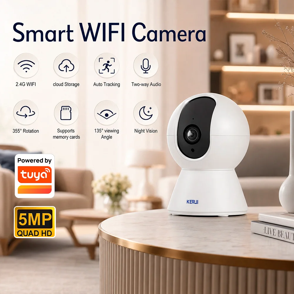 KERUI Wireless Indoor PTZ Camera 5MP/8MP Smart IP Camera Work with Tuya Video Surveillance Camera Home Security Google Assistant