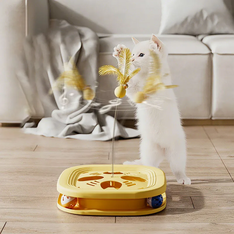 

3 in 1 Cat Play Center Interactive Toy -2 Ball with Bells Self Play Toy Boredom Relief Feather Bell Teaser Wand Pet Puzzle Toy
