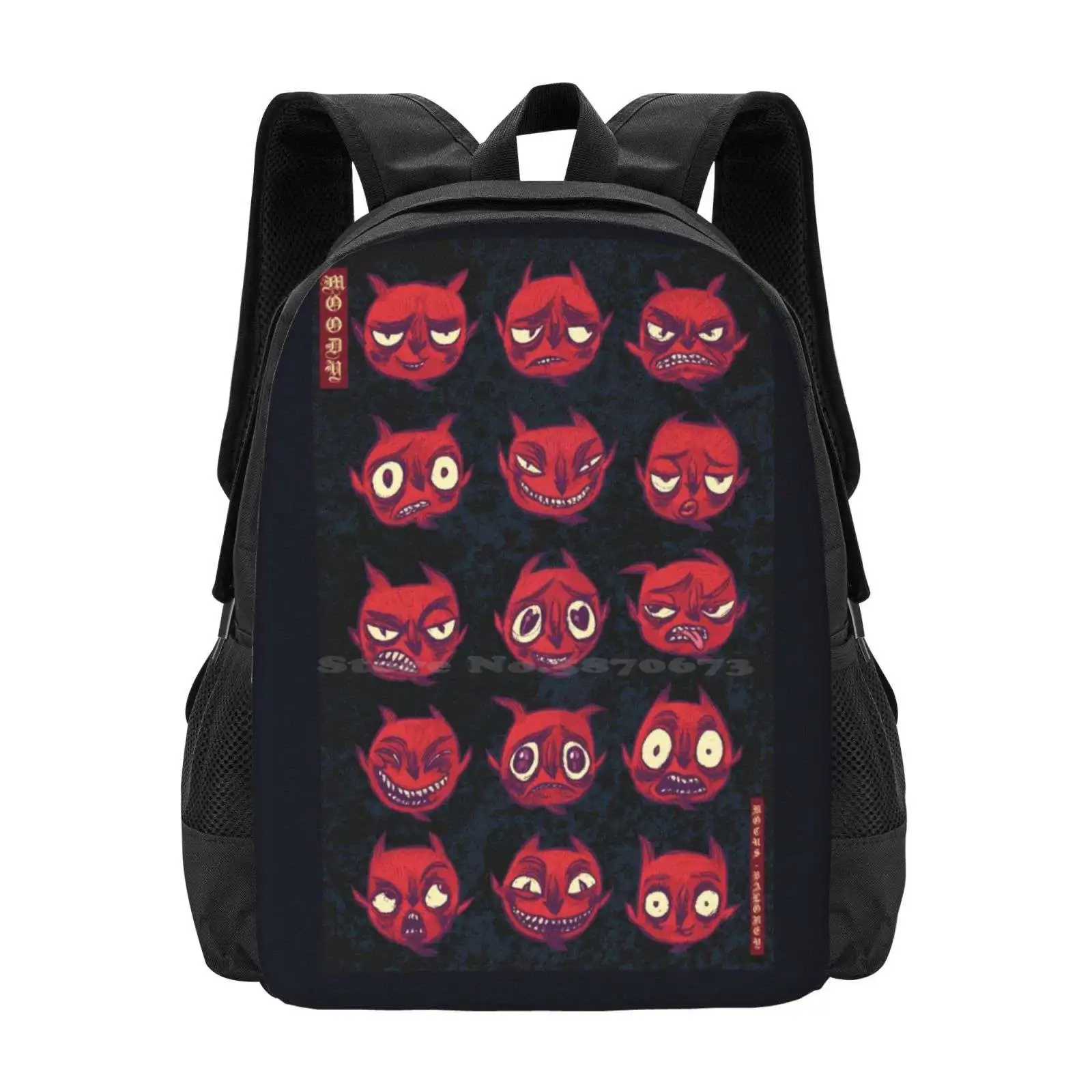 Moody ( Dark Version ) Pattern Design Laptop Travel School Bags Devil Demon Cartoon Faces Facial Expressions Emotional Range