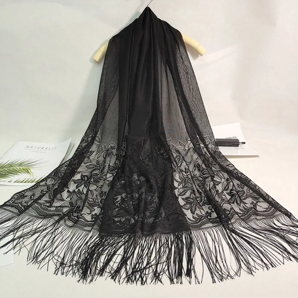 Lace Silk Scarf Ladies Pure Color Hollow Jacquard Tassel Scarf Indoor Shawl Travel Sunscreen Scarf Long Women Shawl