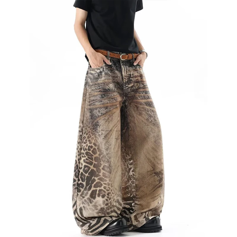 Washed Brown Distressed Leopard Printed Loose Men's Jeans Streetwear Casual Wide Leg Denim Long Pants Summer New