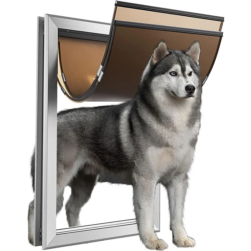 

New Heavy Duty Aluminum Dog Door Double Flap Lockable Large Pet Door Silent