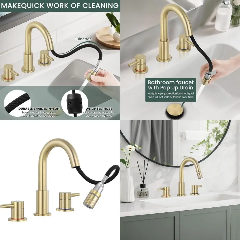 

8 Brushed Gold 3-Hole Bathroom Sink Faucet with Pull-Down Spray and Pop-Up Drain