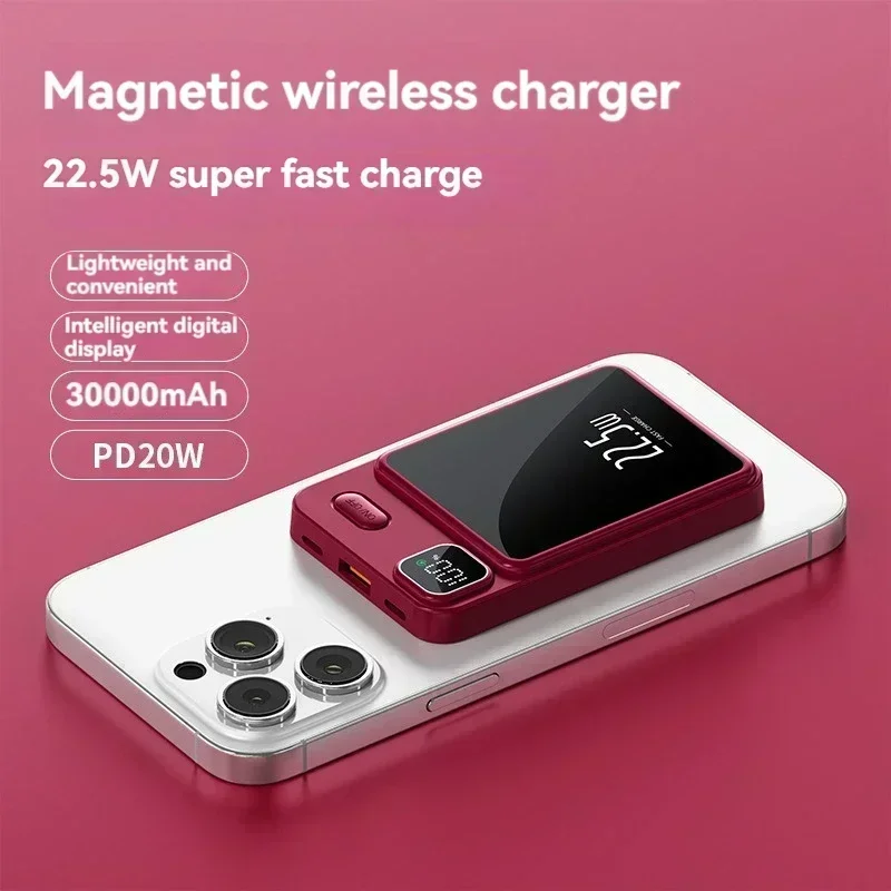 

Portable Wireless Power Bank, Magnetic Qi Powerbank, Type C Fast Charger for iPhone 8-15, Mini, MaCsafe, 30000mAh, 22.5W