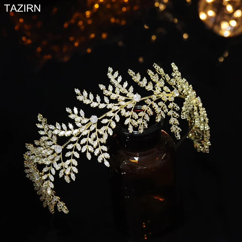 TAZIRN New 5A Cubic Zirconia Wedding Hairband for Bridal CZ Leaf Headband Birthday Party Sweet 16 Headpieces Jewelry Accessories